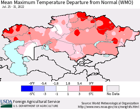 Kazakhstan Mean Maximum Temperature Departure from Normal (WMO) Thematic Map For 7/25/2022 - 7/31/2022