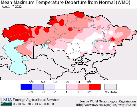 Kazakhstan Mean Maximum Temperature Departure from Normal (WMO) Thematic Map For 8/1/2022 - 8/7/2022