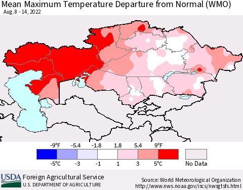 Kazakhstan Mean Maximum Temperature Departure from Normal (WMO) Thematic Map For 8/8/2022 - 8/14/2022