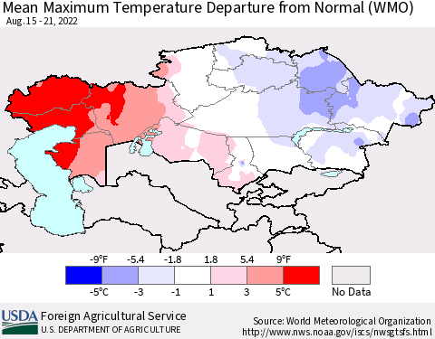 Kazakhstan Mean Maximum Temperature Departure from Normal (WMO) Thematic Map For 8/15/2022 - 8/21/2022