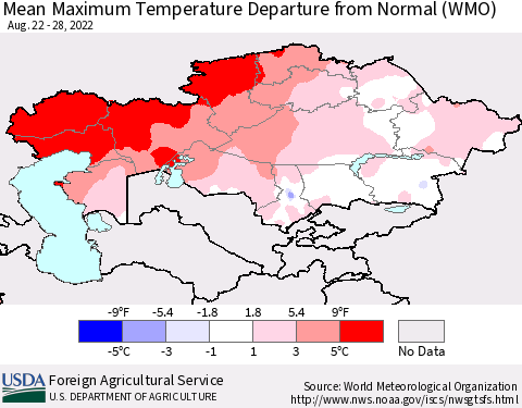 Kazakhstan Mean Maximum Temperature Departure from Normal (WMO) Thematic Map For 8/22/2022 - 8/28/2022