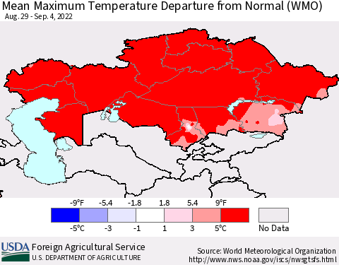 Kazakhstan Mean Maximum Temperature Departure from Normal (WMO) Thematic Map For 8/29/2022 - 9/4/2022
