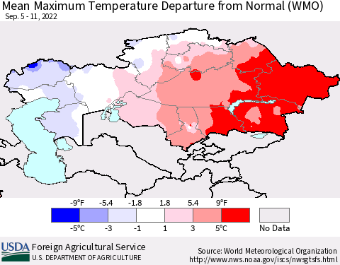 Kazakhstan Mean Maximum Temperature Departure from Normal (WMO) Thematic Map For 9/5/2022 - 9/11/2022