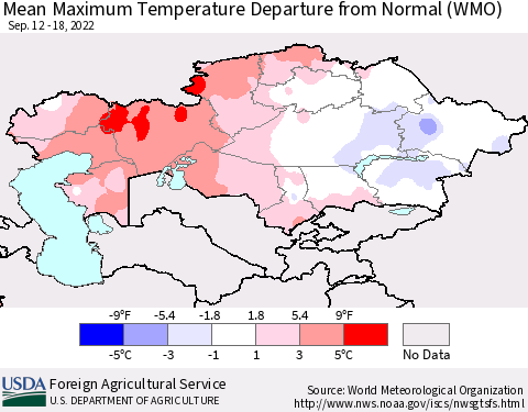 Kazakhstan Mean Maximum Temperature Departure from Normal (WMO) Thematic Map For 9/12/2022 - 9/18/2022