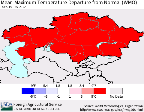 Kazakhstan Mean Maximum Temperature Departure from Normal (WMO) Thematic Map For 9/19/2022 - 9/25/2022