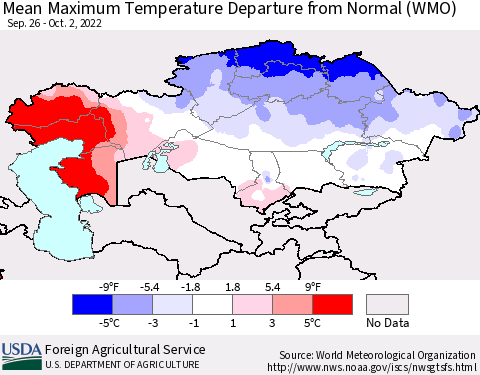 Kazakhstan Mean Maximum Temperature Departure from Normal (WMO) Thematic Map For 9/26/2022 - 10/2/2022