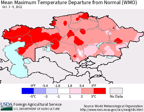 Kazakhstan Mean Maximum Temperature Departure from Normal (WMO) Thematic Map For 10/3/2022 - 10/9/2022