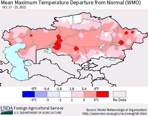 Kazakhstan Mean Maximum Temperature Departure from Normal (WMO) Thematic Map For 10/17/2022 - 10/23/2022