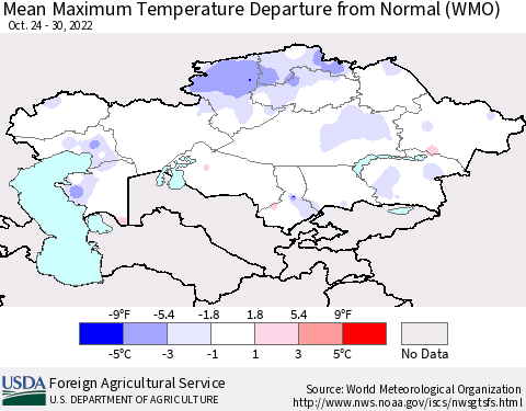 Kazakhstan Mean Maximum Temperature Departure from Normal (WMO) Thematic Map For 10/24/2022 - 10/30/2022