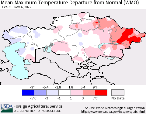Kazakhstan Mean Maximum Temperature Departure from Normal (WMO) Thematic Map For 10/31/2022 - 11/6/2022