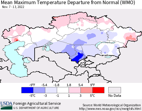 Kazakhstan Mean Maximum Temperature Departure from Normal (WMO) Thematic Map For 11/7/2022 - 11/13/2022