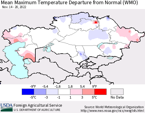 Kazakhstan Mean Maximum Temperature Departure from Normal (WMO) Thematic Map For 11/14/2022 - 11/20/2022
