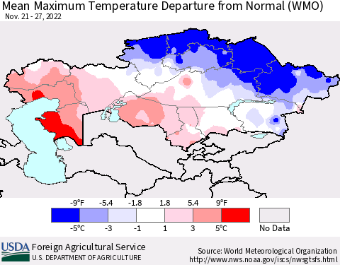 Kazakhstan Mean Maximum Temperature Departure from Normal (WMO) Thematic Map For 11/21/2022 - 11/27/2022
