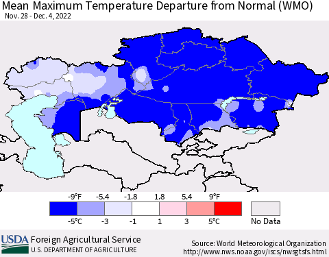 Kazakhstan Mean Maximum Temperature Departure from Normal (WMO) Thematic Map For 11/28/2022 - 12/4/2022
