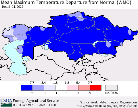 Kazakhstan Mean Maximum Temperature Departure from Normal (WMO) Thematic Map For 12/5/2022 - 12/11/2022