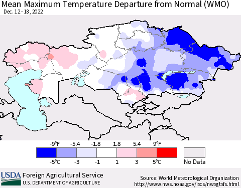 Kazakhstan Mean Maximum Temperature Departure from Normal (WMO) Thematic Map For 12/12/2022 - 12/18/2022