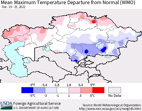Kazakhstan Mean Maximum Temperature Departure from Normal (WMO) Thematic Map For 12/19/2022 - 12/25/2022