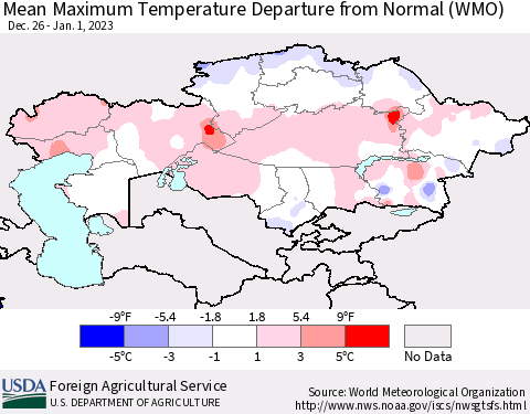 Kazakhstan Mean Maximum Temperature Departure from Normal (WMO) Thematic Map For 12/26/2022 - 1/1/2023
