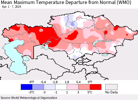 Kazakhstan Mean Maximum Temperature Departure from Normal (WMO) Thematic Map For 4/1/2024 - 4/7/2024