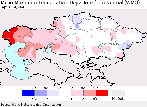 Kazakhstan Mean Maximum Temperature Departure from Normal (WMO) Thematic Map For 4/8/2024 - 4/14/2024