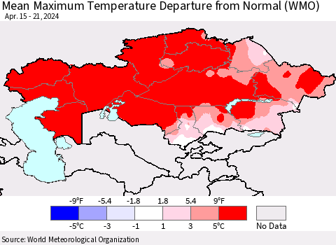 Kazakhstan Mean Maximum Temperature Departure from Normal (WMO) Thematic Map For 4/15/2024 - 4/21/2024