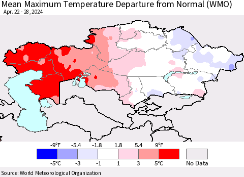 Kazakhstan Mean Maximum Temperature Departure from Normal (WMO) Thematic Map For 4/22/2024 - 4/28/2024