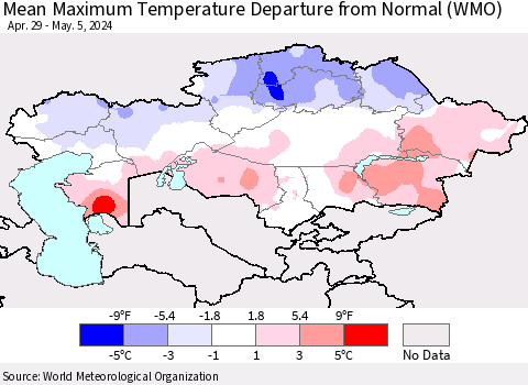 Kazakhstan Mean Maximum Temperature Departure from Normal (WMO) Thematic Map For 4/29/2024 - 5/5/2024