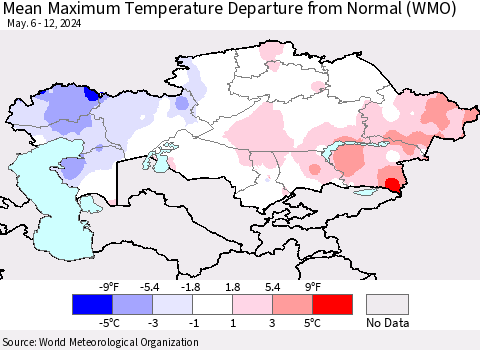 Kazakhstan Mean Maximum Temperature Departure from Normal (WMO) Thematic Map For 5/6/2024 - 5/12/2024