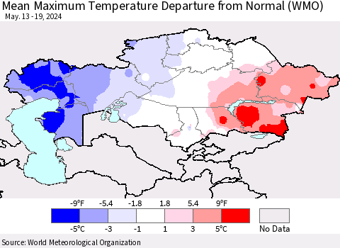 Kazakhstan Mean Maximum Temperature Departure from Normal (WMO) Thematic Map For 5/13/2024 - 5/19/2024