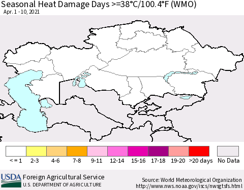 Kazakhstan Seasonal Heat Damage Days >=38°C/100°F (WMO) Thematic Map For 4/1/2021 - 4/10/2021