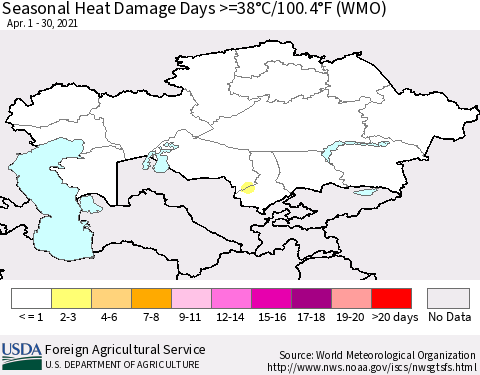 Kazakhstan Seasonal Heat Damage Days >=38°C/100°F (WMO) Thematic Map For 4/1/2021 - 4/30/2021