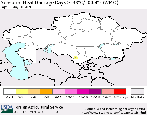 Kazakhstan Seasonal Heat Damage Days >=38°C/100°F (WMO) Thematic Map For 4/1/2021 - 5/10/2021