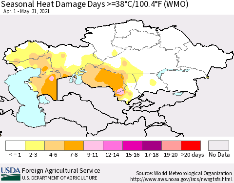 Kazakhstan Seasonal Heat Damage Days >=38°C/100°F (WMO) Thematic Map For 4/1/2021 - 5/31/2021