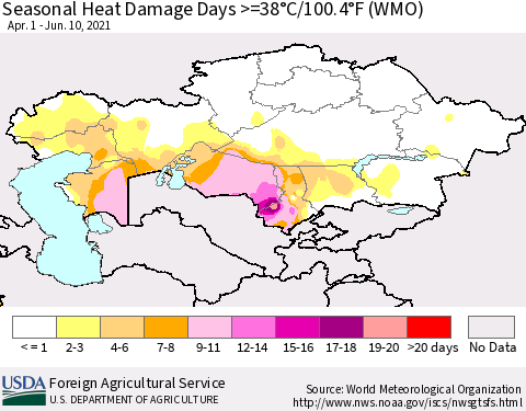 Kazakhstan Seasonal Heat Damage Days >=38°C/100°F (WMO) Thematic Map For 4/1/2021 - 6/10/2021