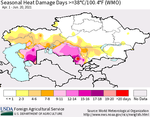 Kazakhstan Seasonal Heat Damage Days >=38°C/100°F (WMO) Thematic Map For 4/1/2021 - 6/20/2021