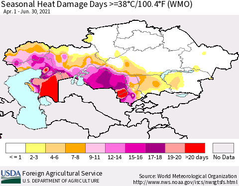 Kazakhstan Seasonal Heat Damage Days >=38°C/100°F (WMO) Thematic Map For 4/1/2021 - 6/30/2021
