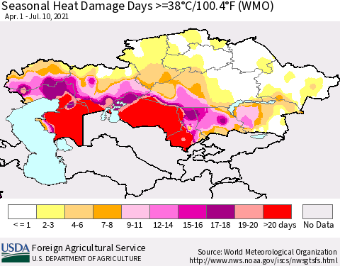 Kazakhstan Seasonal Heat Damage Days >=38°C/100°F (WMO) Thematic Map For 4/1/2021 - 7/10/2021