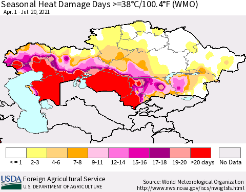 Kazakhstan Seasonal Heat Damage Days >=38°C/100°F (WMO) Thematic Map For 4/1/2021 - 7/20/2021