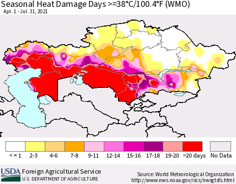 Kazakhstan Seasonal Heat Damage Days >=38°C/100°F (WMO) Thematic Map For 4/1/2021 - 7/31/2021