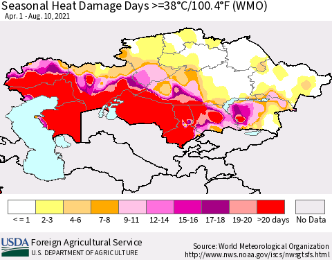 Kazakhstan Seasonal Heat Damage Days >=38°C/100°F (WMO) Thematic Map For 4/1/2021 - 8/10/2021
