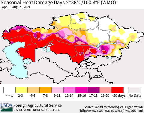 Kazakhstan Seasonal Heat Damage Days >=38°C/100°F (WMO) Thematic Map For 4/1/2021 - 8/20/2021