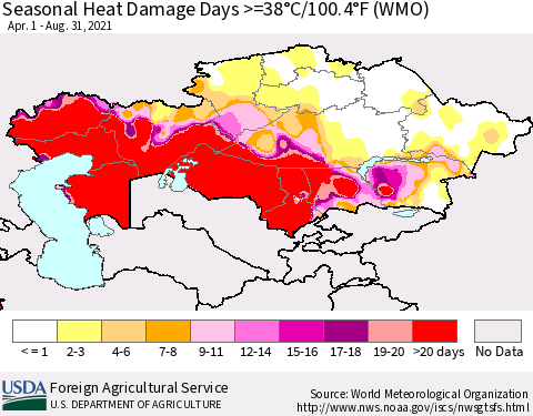Kazakhstan Seasonal Heat Damage Days >=38°C/100°F (WMO) Thematic Map For 4/1/2021 - 8/31/2021