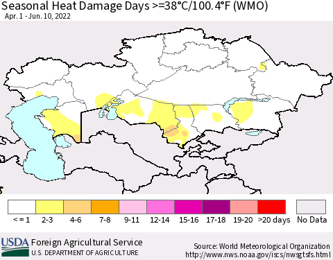 Kazakhstan Seasonal Heat Damage Days >=38°C/100°F (WMO) Thematic Map For 4/1/2022 - 6/10/2022