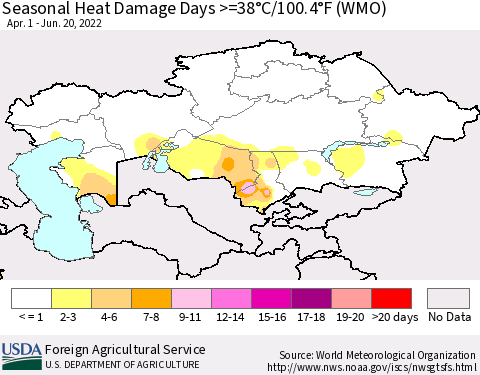 Kazakhstan Seasonal Heat Damage Days >=38°C/100°F (WMO) Thematic Map For 4/1/2022 - 6/20/2022