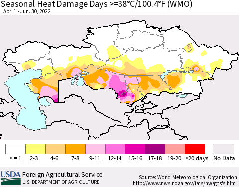Kazakhstan Seasonal Heat Damage Days >=38°C/100°F (WMO) Thematic Map For 4/1/2022 - 6/30/2022