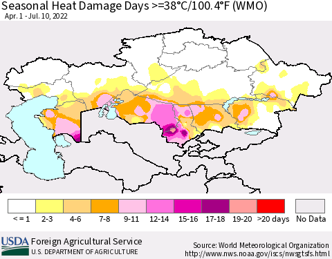 Kazakhstan Seasonal Heat Damage Days >=38°C/100°F (WMO) Thematic Map For 4/1/2022 - 7/10/2022