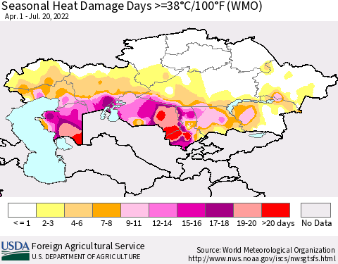 Kazakhstan Seasonal Heat Damage Days >=38°C/100°F (WMO) Thematic Map For 4/1/2022 - 7/20/2022