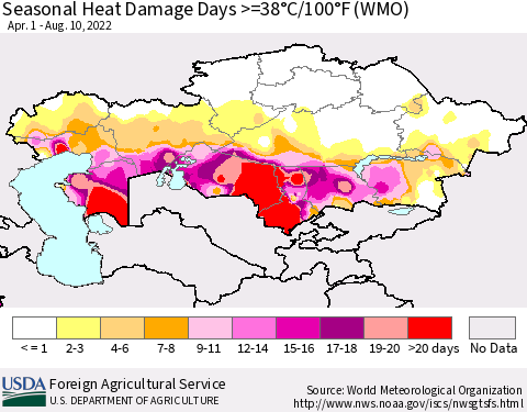 Kazakhstan Seasonal Heat Damage Days >=38°C/100°F (WMO) Thematic Map For 4/1/2022 - 8/10/2022