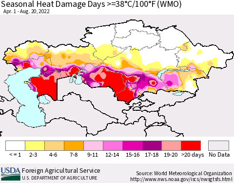 Kazakhstan Seasonal Heat Damage Days >=38°C/100°F (WMO) Thematic Map For 4/1/2022 - 8/20/2022