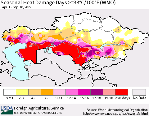 Kazakhstan Seasonal Heat Damage Days >=38°C/100°F (WMO) Thematic Map For 4/1/2022 - 9/10/2022